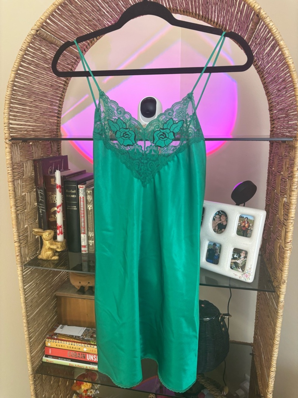Vintage Green Lace-Trim Satin Slipdress